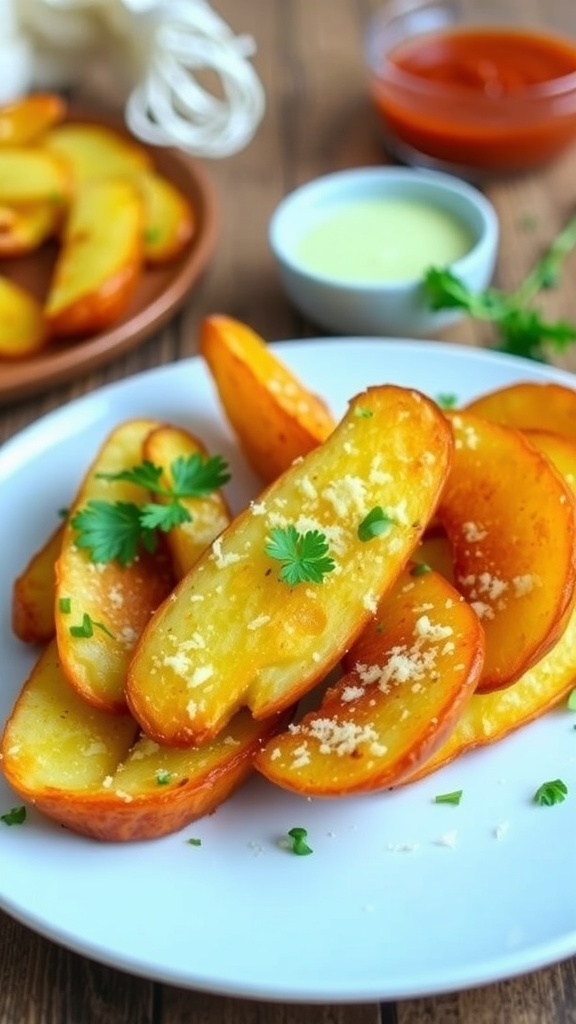 Air Fryer Garlic Parmesan Potatoes Recipe Crispy air fryer garlic parmesan potato wedges garnished with parsley on a rustic table.